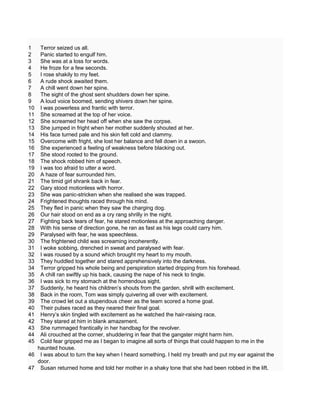 1 Terror seized us all.
2 Panic started to engulf him.
3 She was at a loss for words.
4 He froze for a few seconds.
5 I rose shakily to my feet.
6 A rude shock awaited them.
7 A chill went down her spine.
8 The sight of the ghost sent shudders down her spine.
9 A loud voice boomed, sending shivers down her spine.
10 I was powerless and frantic with terror.
11 She screamed at the top of her voice.
12 She screamed her head off when she saw the corpse.
13 She jumped in fright when her mother suddenly shouted at her.
14 His face turned pale and his skin felt cold and clammy.
15 Overcome with fright, she lost her balance and fell down in a swoon.
16 She experienced a feeling of weakness before blacking out.
17 She stood rooted to the ground.
18 The shock robbed him of speech.
19 I was too afraid to utter a word.
20 A haze of fear surrounded him.
21 The timid girl shrank back in fear.
22 Gary stood motionless with horror.
23 She was panic-stricken when she realised she was trapped.
24 Frightened thoughts raced through his mind.
25 They fled in panic when they saw the charging dog.
26 Our hair stood on end as a cry rang shrilly in the night.
27 Fighting back tears of fear, he stared motionless at the approaching danger.
28 With his sense of direction gone, he ran as fast as his legs could carry him.
29 Paralysed with fear, he was speechless.
30 The frightened child was screaming incoherently.
31 I woke sobbing, drenched in sweat and paralysed with fear.
32 I was roused by a sound which brought my heart to my mouth.
33 They huddled together and stared apprehensively into the darkness.
34 Terror gripped his whole being and perspiration started dripping from his forehead.
35 A chill ran swiftly up his back, causing the nape of his neck to tingle.
36 I was sick to my stomach at the horrendous sight.
37 Suddenly, he heard his children’s shouts from the garden, shrill with excitement.
38 Back in the room, Tom was simply quivering all over with excitement.
39 The crowd let out a stupendous cheer as the team scored a home goal.
40 Their pulses raced as they neared their final goal.
41 Henry’s skin tingled with excitement as he watched the hair-raising race.
42 They stared at him in blank amazement.
43 She rummaged frantically in her handbag for the revolver.
44 Ali crouched at the corner, shuddering in fear that the gangster might harm him.
45 Cold fear gripped me as I began to imagine all sorts of things that could happen to me in the
haunted house.
46 I was about to turn the key when I heard something. I held my breath and put my ear against the
door.
47 Susan returned home and told her mother in a shaky tone that she had been robbed in the lift.
 