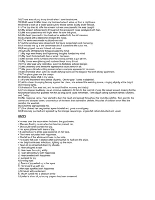 58) There was a lump in my throat when I saw the shadow.
59) Cold sweat trickled down my forehead when I woke up from a nightmare.
60) I tried to walk at a faster pace but my knees turned to jelly and I felt sick.
61) The boy tried to stifle his scream but was unsuccessful. He was caught!
62) My scream echoed eerily throughout the graveyard. I was paralysed with fear.
63) He was speechless with fright when he saw the ghost.
64) His heart pounded in his chest as he walked into the old mansion
65) I jumped with a start when I heard the noise.
66) The eerie room made my blood run cold
67) All the windows were closed and the figure looked dark and menacing.
68) It missed me by a few centimetres but it scared the life out of me.
69) Fear gripped me and I dared not move.
70) All sorts of frightening things crossed my mind.
71) My legs were heavy and frightening thoughts flooded my mind.
72) My heart throbbed with fear at what I had seen.
73) His senses were numbed when the crooks pointed a gun at him.
74) My bones were jittering and my heart leapt to my throat.
75) The killer was very instinctive, even his footsteps echoed danger.
76) His unearthly and awesome appearance struck terror in all.
77) He gave a blood-curdling scream when a vampire appeared in his room.
78) We trembled when John did death-defying stunts on the ledge of his tenth storey apartment.
79) This place gives me the creeps
80) I felt my blood chill in my veins.
81) For the first time I felt a sense of panic. “Oh my god!” I cried in disbelief.
82) With a heart thumping fiercely against her chest, she entered the wedding scene, cringing slightly at the bright
shimmering lights.
83) Instead of Tom was lost, and he could find his mummy and daddy.
84) Tom stopped suddenly, as an ominous realization hit him to the point of crying. He looked around, looking for the
two familiar faces that guarded him for as long as he could remember. Tom began calling out their names: Mummy,
and Daddy.
85) No response came. Fear started to burn his heart and spread throughout his body like wildfire. Tom went to the
corner and slumped down, unconscious of the tears that stained his cheeks. His cries of childish terror filled the
corridor. He was lost.
86) A horrific sight greeted me.
87) She blinked her long-lashed eyes disbelief and gave a small gasp.
88) Extremely puzzled and agitated by the strange happenings, angela felt rather disturbed and upset.
HAPPY
• He was over the moon when he heard the good news.
• She was floating on air when her teacher praised her.
• She could hardly contain her joy.
• Her eyes glittered with tears of joy.
• It seemed as if a smile was plastered on her face.
• They were saturated with happiness.
• She felt as if the whole world was on her side.
• He nearly fell over in elation after learning that he had won the prize.
• Her bright smile was infectious, lighting up the room.
• Tears of joy streamed down my cheeks.
a) Heart skipped a beat
b) Heart was thumping wildly
c) Heart almost burst with happiness
d) Heart swelled with happiness
e) Jumped for joy
f) Shining eyes
g) Tears of joy welled up in her eyes
h) Her eyes lit up with joy
i) Her eyes sparkled with happiness
j) Shrieked with excitement
k) Mouth curled into a pleasant smile
l) I yelled a shout of joy as my prayers has been answered.
 
