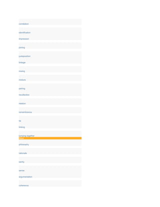 correlation
identification
impression
joining
juxtaposition
linkage
mixing
mixture
pairing
recollection
relation
remembrance
tie
linking
lumping together
Noun
philosophy
rationale
sanity
sense
argumentation
coherence
 