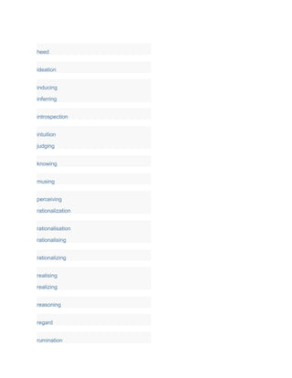 heed
ideation
inducing
inferring
introspection
intuition
judging
knowing
musing
perceiving
rationalization
rationalisation
rationalising
rationalizing
realising
realizing
reasoning
regard
rumination
 