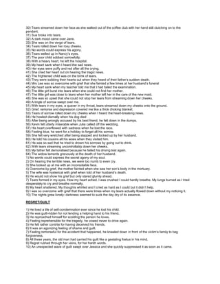 30) Tears streamed down her face as she walked out of the coffee club with her hand still clutching on to the
pendant.
31) Sue broke into tears.
32) A dark mood came over Jane.
33) She was on the verge of tears.
34) Tears rolled down her rosy cheeks.
35) No words could express his agony.
36) Tears welled up in Nancy’s eyes.
37) The poor child sobbed sorrowfully.
38) With a heavy heart, he left the hospital.
39) My heart sank when I heard the sad news.
40) Her eyes were puffy and red after all the crying.
41) She cried her heart out on hearing the tragic news.
42) The frightened child was on the brink of tears.
43) They were sobbing their hearts out when they heard of their father’s sudden death.
44) Mrs Lee was so overcome with grief that she fainted a few times at her husband’s funeral
45) My heart sank when my teacher told me that I had failed the examination.
46) The little girl burst into tears when she could not find her mother.
47) The little girl was close to tears when her mother left her in the care of the new maid.
48) She was so upset that she could not stop her tears from streaming down her cheeks.
49) A tingle of sorrow swept over me.
51) With tears in my eyes, a quaver in my throat, tears streamed down my cheeks onto the ground.
52) Grief, remorse and depression covered me like a thick choking blanket.
53) Tears of sorrow rolled down my cheeks when I heard the heart-breaking news.
54) He howled dismally when his dog died
55) After being wrongly accused by his best friend, he felt down in the dumps.
56) Kevin felt utterly miserable when Julia called off the wedding.
57) His heart overflowed with sadness when he lost the race.
58) Feeling blue, he went for a holiday to forget all his sorrow.
59) She felt very wretched after being slapped and locked up by her husband.
60) He told his cousins all his woes when they visited him.
61) He was so sad that he tried to drown his sorrows by going out to drink.
62) With tears streaming uncontrollably down her cheeks,
63) My father felt demoralised because he failed his driving test again.
64) The widow laments grievously at the death of her husband.
1) No words could express the secret agony of my soul.
2) On hearing the terrible news, we were too numb to even cry.
3) She looked up at me with an inconsolable face.
4) Overcome by grief, the mother fainted when she saw her son’s body in the mortuary.
5) The wife was hysterical with grief when told of her husband’s death.
6) He would not show his grief but only stared glumly ahead.
7) Tears formed in my eyes. How my heart ached. I was crushed I could hardly breathe. My lungs burned as I tried
desperately to cry and breathe normally.
8) My heart shattered. My thoughts whirled and I cried as hard as I could but it didn’t help.
9) I was so overcome with grief that there were times when my tears actually flowed down without my noticing it.
10) The nights grew lonely; darkness seemed to suck the day dry of its essence.
REGRET/GUILT
1) He lived a life of self-condemnation ever since he lost his child.
2) He was guilt-ridden for not lending a helping hand to his friend.
3) He reproached himself for scolding the person he loves.
4) Feeling reprehensible for the tragedy, he vowed never to drive again.
5) He felt rather contrite for having deceived his friends.
6) It was an agonizing feeling of shame and guilt.
7) Feeling remorseful for the accident that happened, he kneeled down in front of the victim’s family to beg
forgiveness.
8) All these years, the old man had carried his guilt like a gestating foetus in his mind.
9) Regret rushed through her veins, for her harsh words.
10) An unexpected wave of guilt swept over Jessica and she quickly suppressed it as soon as it came.
 