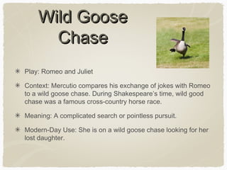 Wild Goose
Chase
Play: Romeo and Juliet
Context: Mercutio compares his exchange of jokes with Romeo
to a wild goose chase. During Shakespeare’s time, wild good
chase was a famous cross-country horse race.
Meaning: A complicated search or pointless pursuit.
Modern-Day Use: She is on a wild goose chase looking for her
lost daughter.

 