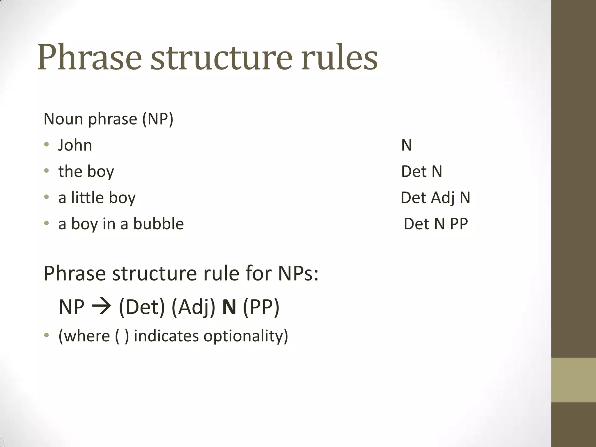 Phrase structure rules
Noun phrase (NP)
• John N
• the boy Det N
• a little boy Det Adj N
• a boy in a bubble Det N PP
Phrase structure rule for NPs:
NP  (Det) (Adj) N (PP)
• (where ( ) indicates optionality)
 