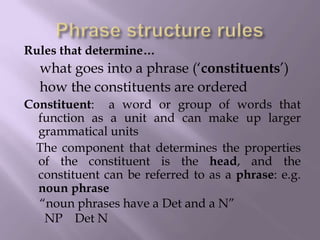 Rules that determine…
what goes into a phrase („constituents‟)
how the constituents are ordered
Constituent: a word or group of words that
function as a unit and can make up larger
grammatical units
The component that determines the properties
of the constituent is the head, and the
constituent can be referred to as a phrase: e.g.
noun phrase
“noun phrases have a Det and a N”
NP Det N
 