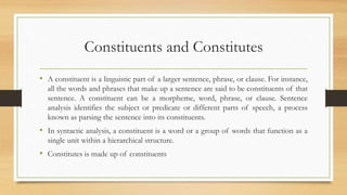 Constituents and Constitutes
• A constituent is a linguistic part of a larger sentence, phrase, or clause. For instance,
all the words and phrases that make up a sentence are said to be constituents of that
sentence. A constituent can be a morpheme, word, phrase, or clause. Sentence
analysis identifies the subject or predicate or different parts of speech, a process
known as parsing the sentence into its constituents.
• In syntactic analysis, a constituent is a word or a group of words that function as a
single unit within a hierarchical structure.
• Constitutes is made up of constituents
 
