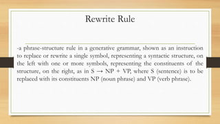 Rewrite Rule
-a phrase-structure rule in a generative grammar, shown as an instruction
to replace or rewrite a single symbol, representing a syntactic structure, on
the left with one or more symbols, representing the constituents of the
structure, on the right, as in S → NP + VP, where S (sentence) is to be
replaced with its constituents NP (noun phrase) and VP (verb phrase).
 