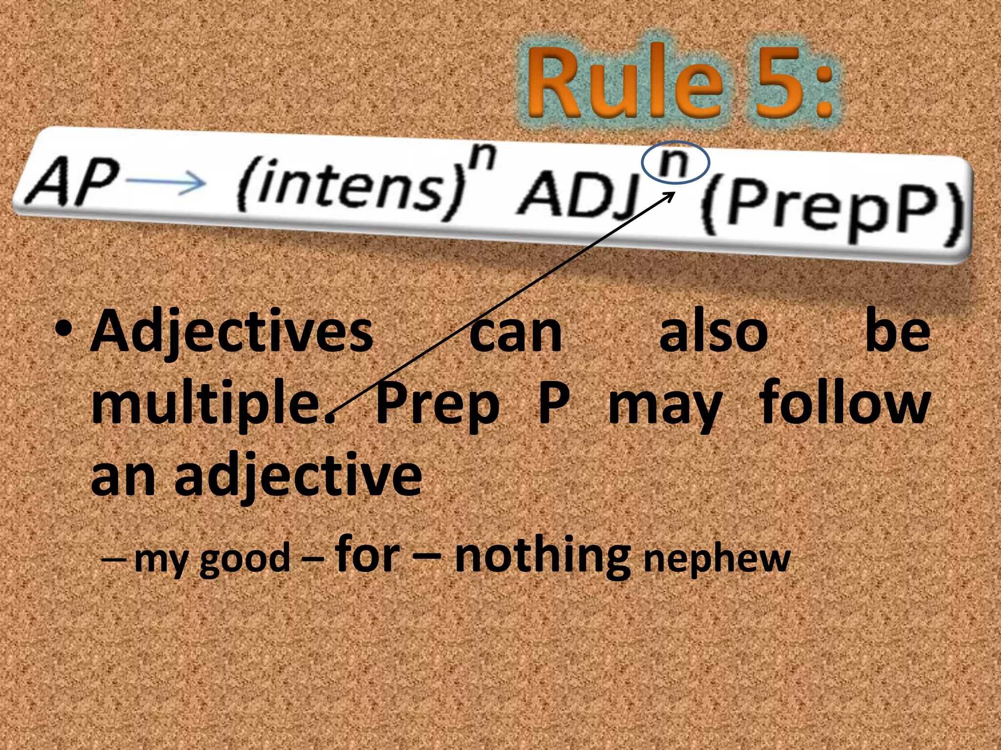 • Adjectives can also be
  multiple. Prep P may follow
  an adjective
 – my good – for – nothing nephew
 