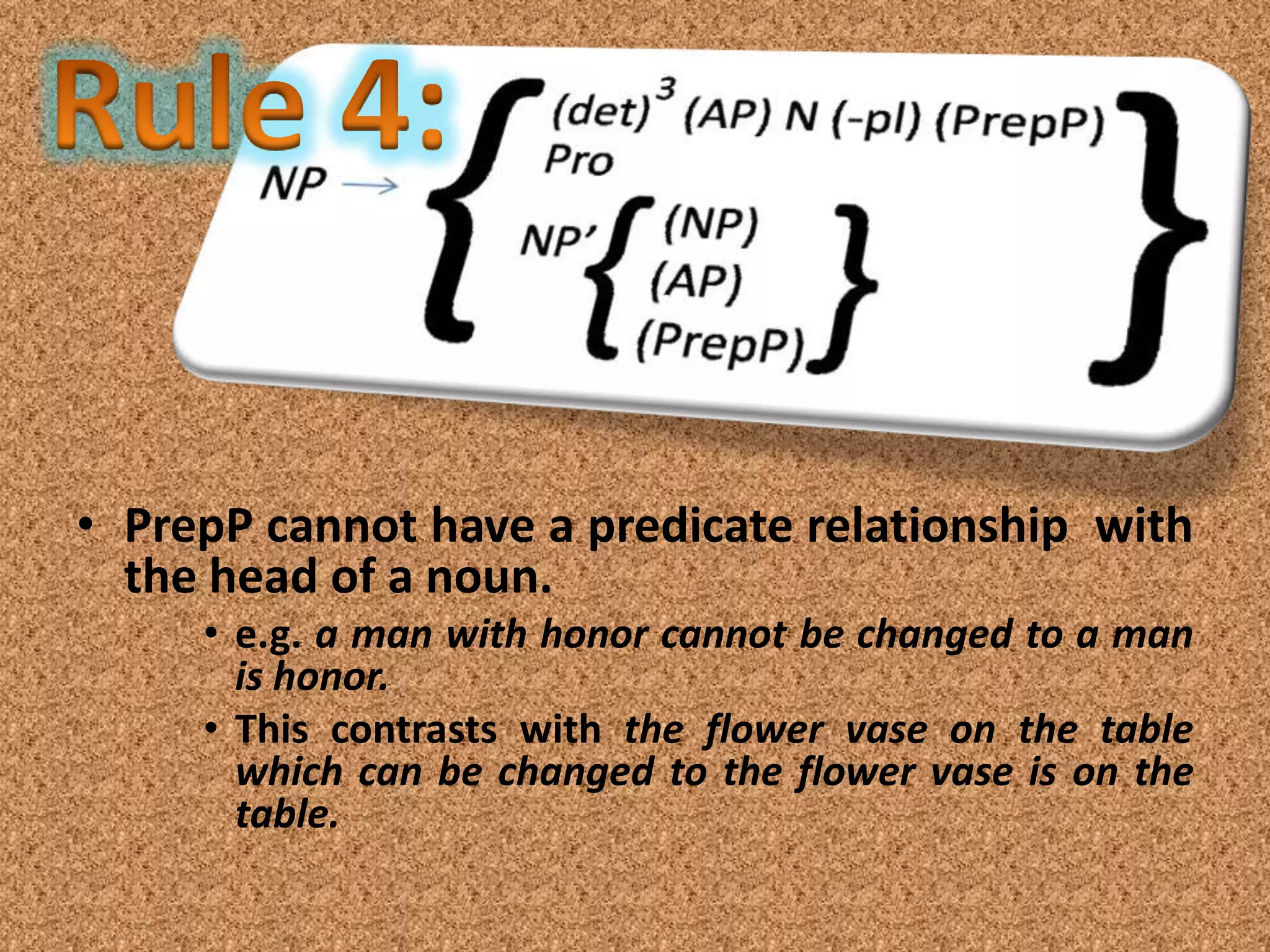 • PrepP cannot have a predicate relationship with
  the head of a noun.
     • e.g. a man with honor cannot be changed to a man
       is honor.
     • This contrasts with the flower vase on the table
       which can be changed to the flower vase is on the
       table.
 