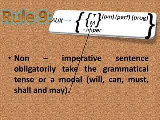 • Non     –    imperative   sentence
  obligatorily take the grammatical
  tense or a modal (will, can, must,
  shall and may).
 