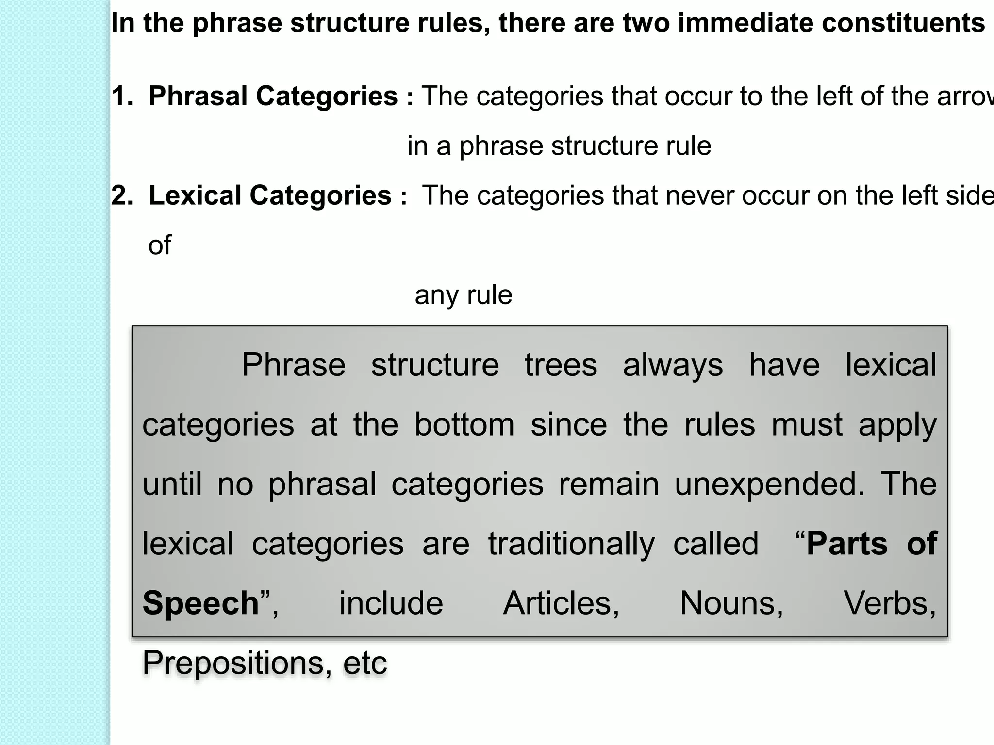 In the phrase structure rules, there are two immediate constituents
1. Phrasal Categories : The categories that occur to the left of the arrow
in a phrase structure rule
2. Lexical Categories : The categories that never occur on the left side
of
any rule
Phrase structure trees always have lexical
categories at the bottom since the rules must apply
until no phrasal categories remain unexpended. The
lexical categories are traditionally called “Parts of
Speech”, include Articles, Nouns, Verbs,
Prepositions, etc
 