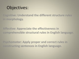Objectives:
Cognitive: Understand the different structure rules
in morphology.
Affective: Appreciate the effectiveness in
comprehensible structural rules in English language.
Psychomotor: Apply proper and correct rules in
constructing sentences in English language.
 