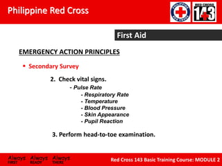 Philippine Red Cross
Always Always Always
FIRST READY THERE
Red Cross 143 Basic Training Course: MODULE 2
2. Check vital signs.
- Pulse Rate
- Respiratory Rate
- Temperature
- Blood Pressure
- Skin Appearance
- Pupil Reaction
3. Perform head-to-toe examination.
EMERGENCY ACTION PRINCIPLES
 Secondary Survey
First Aid
 