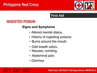Philippine Red Cross
Always Always Always
FIRST READY THERE
Red Cross 143 Basic Training Course: MODULE 2
First Aid
INGESTED POISON
• Altered mental status.
Signs and Symptoms
• History of ingesting poisons.
• Burns around the mouth.
• Odd breath odors.
• Nausea, vomiting.
• Diarrhea
• Abdominal pain.
 