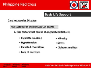Philippine Red Cross
Always Always Always
FIRST READY THERE
Red Cross 143 Basic Training Course: MODULE 2
Basic Life Support
Cardiovascular Disease
RISK FACTORS FOR CARDIOVASCULAR DISEASE
2. Risk factors that can be changed (Modifiable) :
• Cigarette smoking
• Hypertension
• Elevated cholesterol
• Lack of exercises
• Obesity
• Stress
• Diabetes mellitus
 