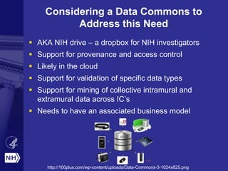 Considering a Data Commons to
Address this Need
 AKA NIH drive – a dropbox for NIH investigators
 Support for provenance and access control
 Likely in the cloud
 Support for validation of specific data types
 Support for mining of collective intramural and
extramural data across IC’s
 Needs to have an associated business model
http://100plus.com/wp-content/uploads/Data-Commons-3-1024x825.png
 