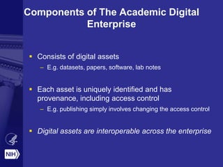 Components of The Academic Digital
Enterprise
 Consists of digital assets
– E.g. datasets, papers, software, lab notes
 Each asset is uniquely identified and has
provenance, including access control
– E.g. publishing simply involves changing the access control
 Digital assets are interoperable across the enterprise
 