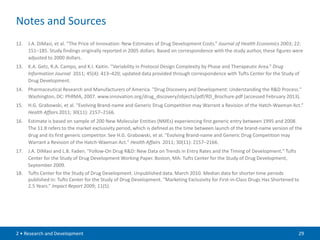 Notes and Sources
12.   J.A. DiMasi, et al. “The Price of Innovation: New Estimates of Drug Development Costs.” Journal of Health Economics 2003; 22:
      151–185. Study findings originally reported in 2005 dollars. Based on correspondence with the study author, these figures were
      adjusted to 2000 dollars.
13.   K.A. Getz, R.A. Campo, and K.I. Kaitin. “Variability in Protocol Design Complexity by Phase and Therapeutic Area.” Drug
      Information Journal 2011; 45(4): 413–420; updated data provided through correspondence with Tufts Center for the Study of
      Drug Development.
14.   Pharmaceutical Research and Manufacturers of America. "Drug Discovery and Development: Understanding the R&D Process."
      Washington, DC: PhRMA, 2007. www.innovation.org/drug_discovery/objects/pdf/RD_Brochure.pdf (accessed February 2013).
15.   H.G. Grabowski, et al. “Evolving Brand-name and Generic Drug Competition may Warrant a Revision of the Hatch-Waxman Act.”
      Health Affairs 2011; 30(11): 2157–2166.
16.   Estimate is based on sample of 200 New Molecular Entities (NMEs) experiencing first generic entry between 1995 and 2008.
      The 11.8 refers to the market exclusivity period, which is defined as the time between launch of the brand-name version of the
      drug and its first generic competitor. See H.G. Grabowski, et al. "Evolving Brand-name and Generic Drug Competition may
      Warrant a Revision of the Hatch-Waxman Act." Health Affairs 2011; 30(11): 2157–2166.
17.   J.A. DiMasi and L.B. Faden. "Follow-On Drug R&D: New Data on Trends in Entry Rates and the Timing of Development." Tufts
      Center for the Study of Drug Development Working Paper. Boston, MA: Tufts Center for the Study of Drug Development,
      September 2009.
18.   Tufts Center for the Study of Drug Development. Unpublished data. March 2010. Median data for shorter time periods
      published in: Tufts Center for the Study of Drug Development. “Marketing Exclusivity for First-in-Class Drugs Has Shortened to
      2.5 Years.” Impact Report 2009; 11(5).




2 • Research and Development                                                                                                       29
 