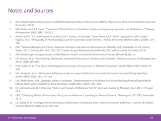 Notes and Sources
 1.   IHS Global Insight Analysis based on 2010 Medical Expenditure Panel Survey (MEPS). http://meps.ahrq.gov/mepsweb/ (accessed
      December 2012).
 2.   R.W. Dubois and B.B. Dean. “Evolution of Clinical Practice Guidelines: Evidence Supporting Expanded Use of Medicines.” Disease
      Management 2006; 9(4): 210–223.
 3.   RAND Health. "U.S. Healthcare Facts About Cost, Access, and Quality." Santa Monica, CA: RAND Corporation, 2005 citing T.
      Higashi, et al. "The Quality of Pharmacologic Care for Vulnerable Older Patients." Annals of Internal Medicine 2004; 140(9): 714–
      720.
 4.   CDC. "National Diabetes Fact Sheet: National Estimates and General Information on Diabetes and Prediabetes in the United
      States, 2011." Atlanta, GA: HHS, CDC, 2011. www.cdc.gov/diabetes/pubs/pdf/ndfs_2011.pdf (accessed December 2012).
 5.   IHS Global Insight Analysis based on 2010 National Health and Nutrition Examination Survey (NHANES), Op. cit.
 6.   T.B. Gibson, et al. “Cost Sharing, Adherence, and Health Outcomes in Patients with Diabetes.” American Journal of Managed Care
      2010; 16(8): 589–600.
 7.   D.M. Cutler, et al. “The Value of Antihypertensive Drugs: A Perspective on Medical Innovation.” Health Affairs 2007; 26(1): 97–
      110.
 8.   M.C. Roebuck, et al. “Medication Adherence Leads to Lower Health Care Use and Costs Despite Increased Drug Spending.”
      Health Affairs 2011; 30(1): 91–99.
 9.   J.M. McWilliams, A.M. Zaslavsky, and H.A. Huskamp. “Implementation of Medicare Part D and Nondrug Medical Spending for
      Elderly Adults with Limited Prior Drug Coverage.” JAMA 2011; 306(4): 402–409.
 10. C.C. Afendulis and M.E. Chernew. “State-Level Impacts of Medicare Part D.” American Journal of Managed Care 2011; 17 Suppl
     12:S.
 11. CBO. “Offsetting Effects of Prescription Drug Use on Medicare’s Spending for Medical Service.” Washington, DC: CBO, November
     2012.
 12. J.E. Bailey, et al. “Antihypertensive Medication Adherence, Ambulatory Visits, and Risk of Stroke and Death." Journal of General
     Internal Medicine 2010; 25(6): 495–503.



4 • Outcomes and Savings                                                                                                          59
 