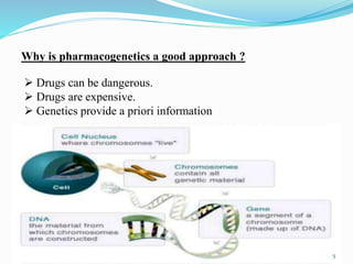 Why is pharmacogenetics a good approach ?
 Drugs can be dangerous.
 Drugs are expensive.
 Genetics provide a priori information
5
 