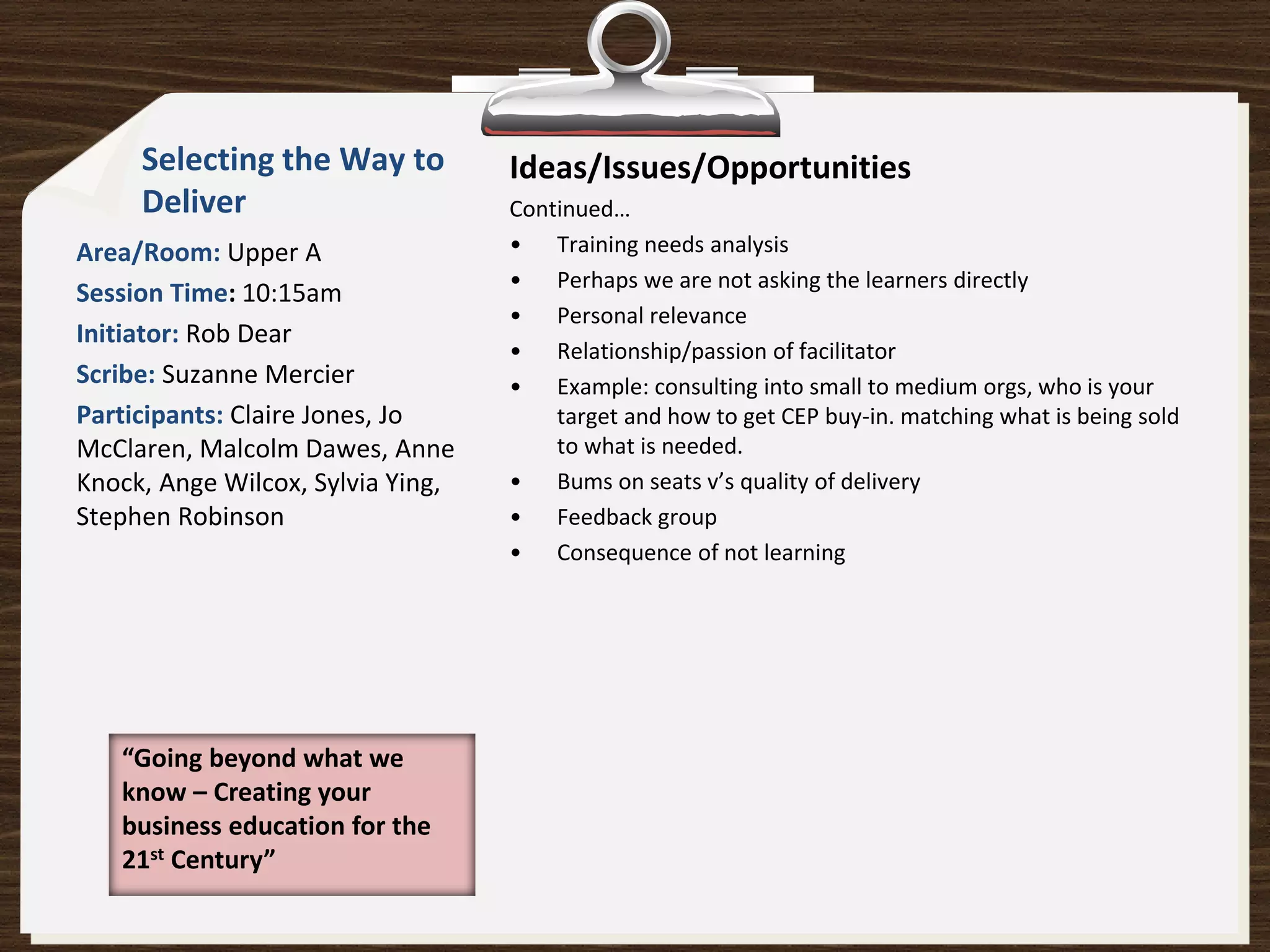 Selecting the Way to          Ideas/Issues/Opportunities
     Deliver                       Continued…
Area/Room: Upper A                 • Training needs analysis
                                   • Perhaps we are not asking the learners directly
Session Time: 10:15am
                                   • Personal relevance
Initiator: Rob Dear
                                   • Relationship/passion of facilitator
Scribe: Suzanne Mercier            • Example: consulting into small to medium orgs, who is your
Participants: Claire Jones, Jo         target and how to get CEP buy-in. matching what is being sold
McClaren, Malcolm Dawes, Anne          to what is needed.
Knock, Ange Wilcox, Sylvia Ying,   • Bums on seats v’s quality of delivery
Stephen Robinson                   • Feedback group
                                   • Consequence of not learning




   “Going beyond what we
   know – Creating your
   business education for the
   21st Century”
 