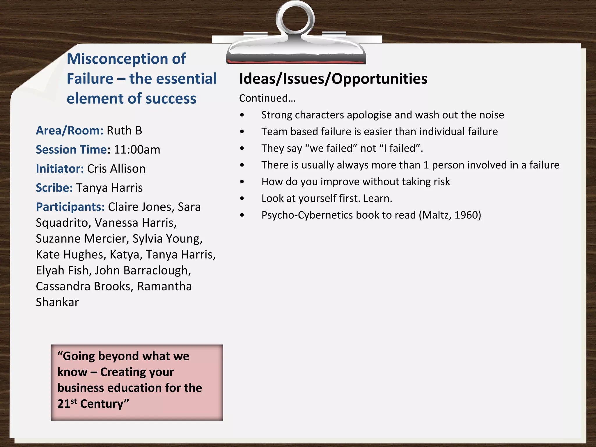 Misconception of
     Failure – the essential        Ideas/Issues/Opportunities
     element of success             Continued…
                                    • Strong characters apologise and wash out the noise
Area/Room: Ruth B                   • Team based failure is easier than individual failure
Session Time: 11:00am               • They say “we failed” not “I failed”.
Initiator: Cris Allison             • There is usually always more than 1 person involved in a failure
                                    • How do you improve without taking risk
Scribe: Tanya Harris
                                    • Look at yourself first. Learn.
Participants: Claire Jones, Sara
                                    • Psycho-Cybernetics book to read (Maltz, 1960)
Squadrito, Vanessa Harris,
Suzanne Mercier, Sylvia Young,
Kate Hughes, Katya, Tanya Harris,
Elyah Fish, John Barraclough,
Cassandra Brooks, Ramantha
Shankar



   “Going beyond what we
   know – Creating your
   business education for the
   21st Century”
 