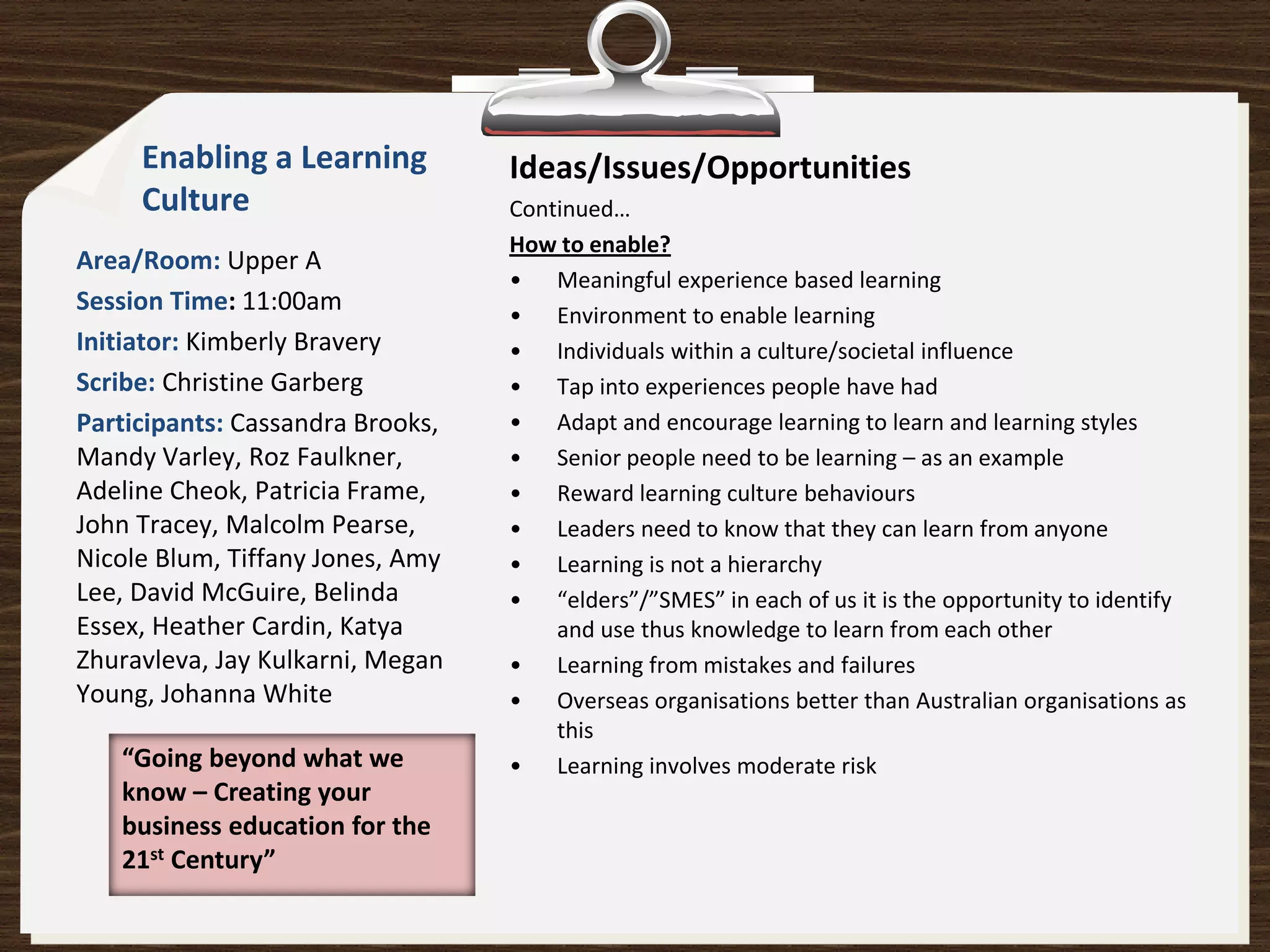 Enabling a Learning          Ideas/Issues/Opportunities
     Culture                      Continued…
                                  How to enable?
Area/Room: Upper A
                                  • Meaningful experience based learning
Session Time: 11:00am             • Environment to enable learning
Initiator: Kimberly Bravery       • Individuals within a culture/societal influence
Scribe: Christine Garberg         • Tap into experiences people have had
Participants: Cassandra Brooks,   • Adapt and encourage learning to learn and learning styles
Mandy Varley, Roz Faulkner,       • Senior people need to be learning – as an example
Adeline Cheok, Patricia Frame,    • Reward learning culture behaviours
John Tracey, Malcolm Pearse,      • Leaders need to know that they can learn from anyone
Nicole Blum, Tiffany Jones, Amy   • Learning is not a hierarchy
Lee, David McGuire, Belinda       • “elders”/”SMES” in each of us it is the opportunity to identify
Essex, Heather Cardin, Katya          and use thus knowledge to learn from each other
Zhuravleva, Jay Kulkarni, Megan   • Learning from mistakes and failures
Young, Johanna White              • Overseas organisations better than Australian organisations as
                                      this
   “Going beyond what we          • Learning involves moderate risk
   know – Creating your
   business education for the
   21st Century”
 