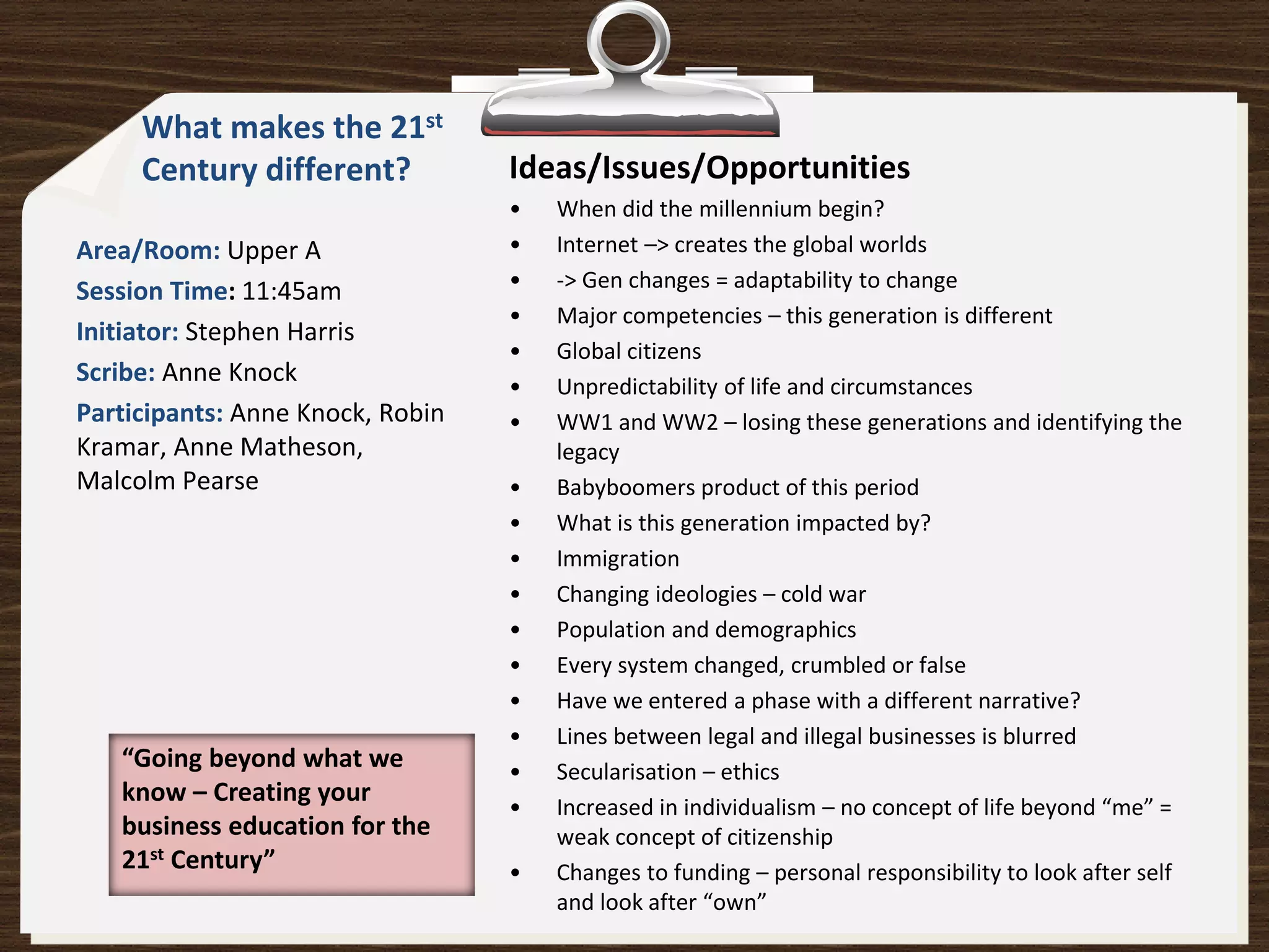 What makes the 21st
     Century different?           Ideas/Issues/Opportunities
                                  •   When did the millennium begin?
Area/Room: Upper A                •   Internet –> creates the global worlds
Session Time: 11:45am             •   -> Gen changes = adaptability to change
                                  •   Major competencies – this generation is different
Initiator: Stephen Harris
                                  •   Global citizens
Scribe: Anne Knock                •   Unpredictability of life and circumstances
Participants: Anne Knock, Robin   •   WW1 and WW2 – losing these generations and identifying the
Kramar, Anne Matheson,                legacy
Malcolm Pearse                    •   Babyboomers product of this period
                                  •   What is this generation impacted by?
                                  •   Immigration
                                  •   Changing ideologies – cold war
                                  •   Population and demographics
                                  •   Every system changed, crumbled or false
                                  •   Have we entered a phase with a different narrative?
                                  •   Lines between legal and illegal businesses is blurred
   “Going beyond what we          •   Secularisation – ethics
   know – Creating your
                                  •   Increased in individualism – no concept of life beyond “me” =
   business education for the         weak concept of citizenship
   21st Century”                  •   Changes to funding – personal responsibility to look after self
                                      and look after “own”
 