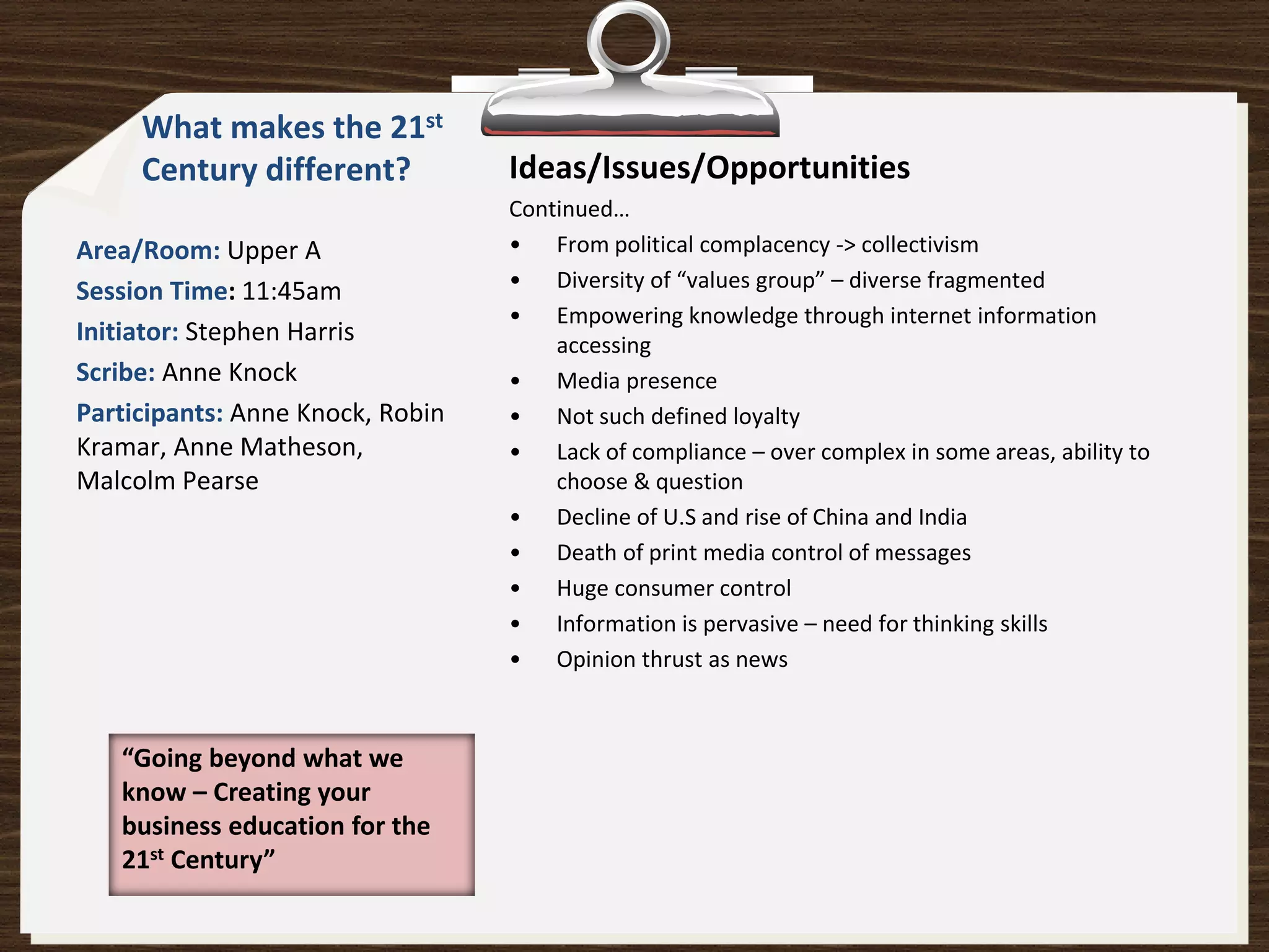 What makes the 21st
     Century different?           Ideas/Issues/Opportunities
                                  Continued…
Area/Room: Upper A                • From political complacency -> collectivism
Session Time: 11:45am             • Diversity of “values group” – diverse fragmented
                                  • Empowering knowledge through internet information
Initiator: Stephen Harris             accessing
Scribe: Anne Knock                • Media presence
Participants: Anne Knock, Robin   • Not such defined loyalty
Kramar, Anne Matheson,            • Lack of compliance – over complex in some areas, ability to
Malcolm Pearse                        choose & question
                                  • Decline of U.S and rise of China and India
                                  • Death of print media control of messages
                                  • Huge consumer control
                                  • Information is pervasive – need for thinking skills
                                  • Opinion thrust as news



   “Going beyond what we
   know – Creating your
   business education for the
   21st Century”
 