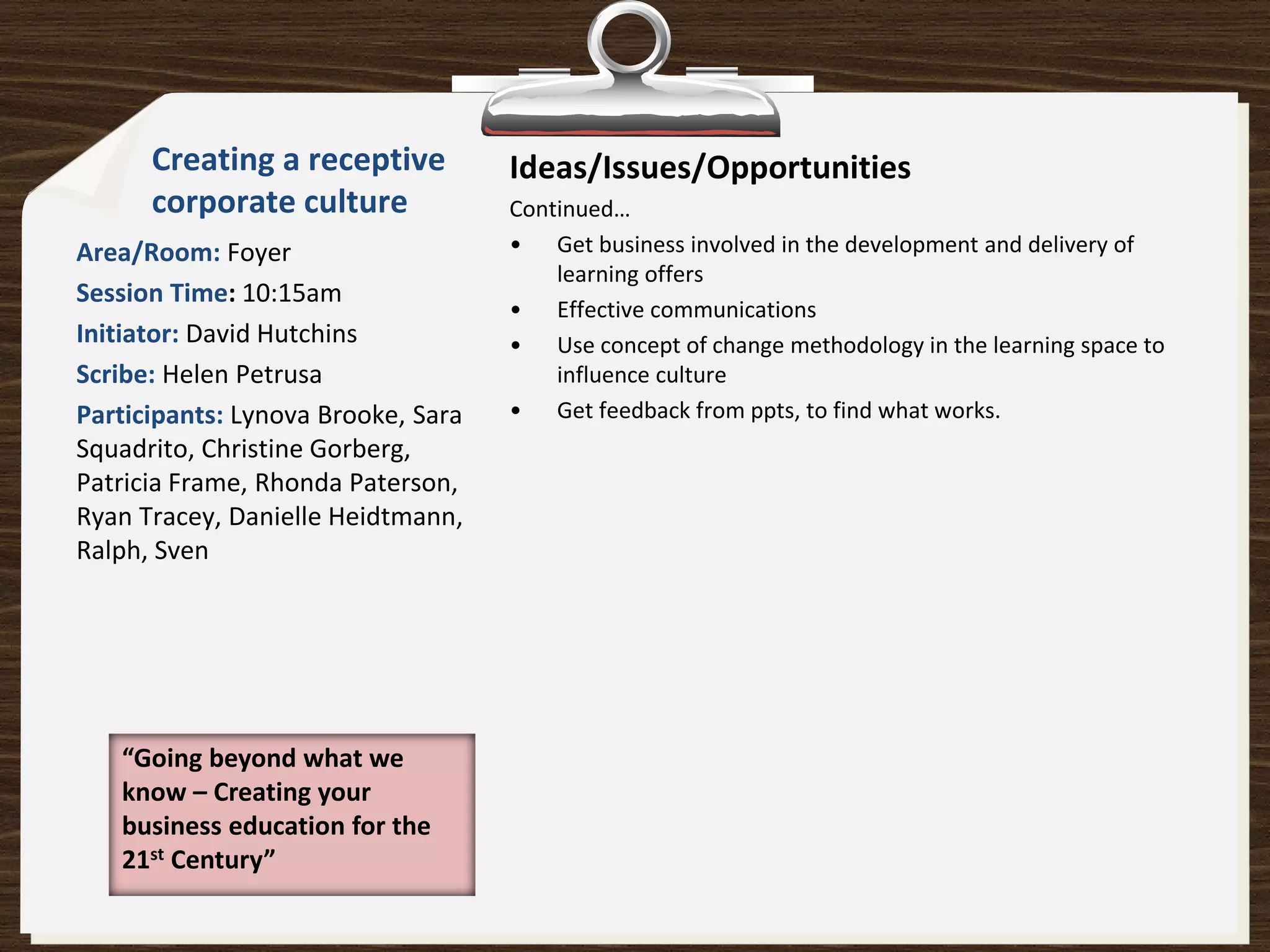 Creating a receptive          Ideas/Issues/Opportunities
      corporate culture             Continued…
Area/Room: Foyer                    • Get business involved in the development and delivery of
                                        learning offers
Session Time: 10:15am
                                    • Effective communications
Initiator: David Hutchins           • Use concept of change methodology in the learning space to
Scribe: Helen Petrusa                   influence culture
Participants: Lynova Brooke, Sara   • Get feedback from ppts, to find what works.
Squadrito, Christine Gorberg,
Patricia Frame, Rhonda Paterson,
Ryan Tracey, Danielle Heidtmann,
Ralph, Sven




   “Going beyond what we
   know – Creating your
   business education for the
   21st Century”
 