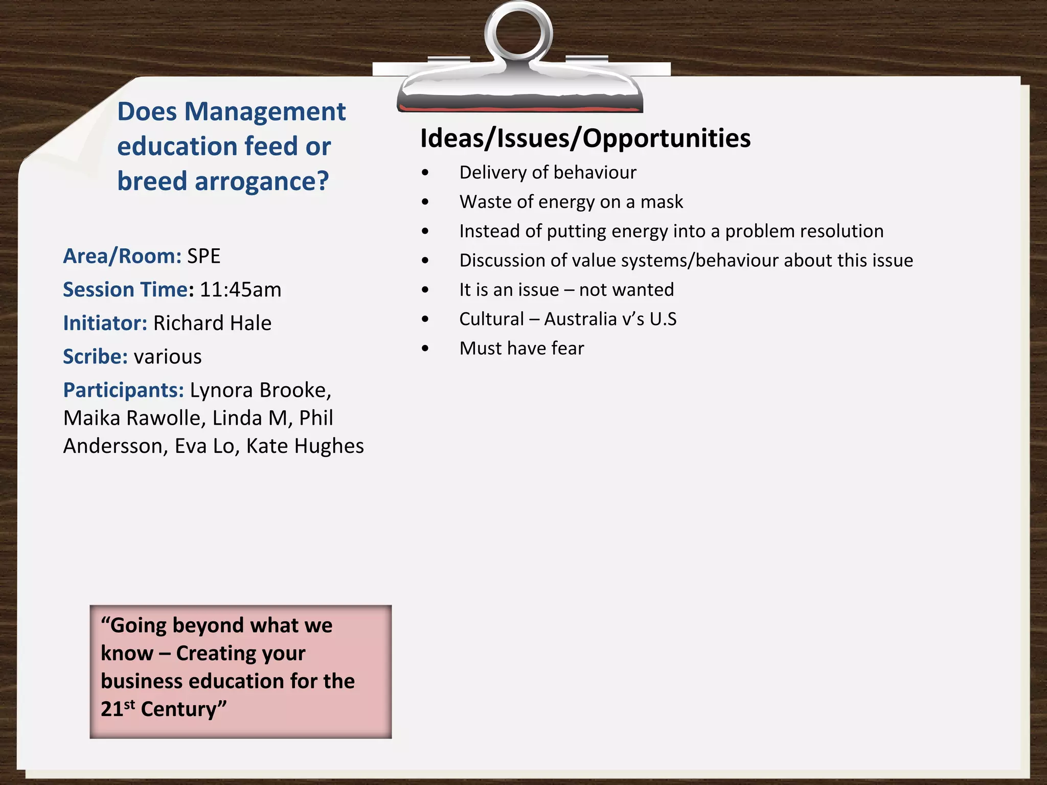 Does Management
     education feed or           Ideas/Issues/Opportunities
                                 •   Delivery of behaviour
     breed arrogance?
                                 •   Waste of energy on a mask
                                 •   Instead of putting energy into a problem resolution
Area/Room: SPE                   •   Discussion of value systems/behaviour about this issue
Session Time: 11:45am            •   It is an issue – not wanted
Initiator: Richard Hale          •   Cultural – Australia v’s U.S
Scribe: various                  •   Must have fear

Participants: Lynora Brooke,
Maika Rawolle, Linda M, Phil
Andersson, Eva Lo, Kate Hughes




   “Going beyond what we
   know – Creating your
   business education for the
   21st Century”
 