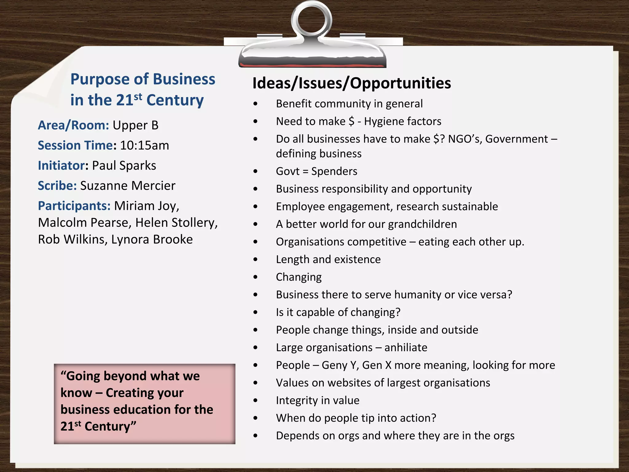 Purpose of Business          Ideas/Issues/Opportunities
     in the 21st Century          •   Benefit community in general
Area/Room: Upper B                •   Need to make $ - Hygiene factors
                                  •   Do all businesses have to make $? NGO’s, Government –
Session Time: 10:15am
                                      defining business
Initiator: Paul Sparks            •   Govt = Spenders
Scribe: Suzanne Mercier           •   Business responsibility and opportunity
Participants: Miriam Joy,         •   Employee engagement, research sustainable
Malcolm Pearse, Helen Stollery,   •   A better world for our grandchildren
Rob Wilkins, Lynora Brooke        •   Organisations competitive – eating each other up.
                                  •   Length and existence
                                  •   Changing
                                  •   Business there to serve humanity or vice versa?
                                  •   Is it capable of changing?
                                  •   People change things, inside and outside
                                  •   Large organisations – anhiliate
                                  •   People – Geny Y, Gen X more meaning, looking for more
   “Going beyond what we          •   Values on websites of largest organisations
   know – Creating your
                                  •   Integrity in value
   business education for the
                                  •   When do people tip into action?
   21st Century”
                                  •   Depends on orgs and where they are in the orgs
 