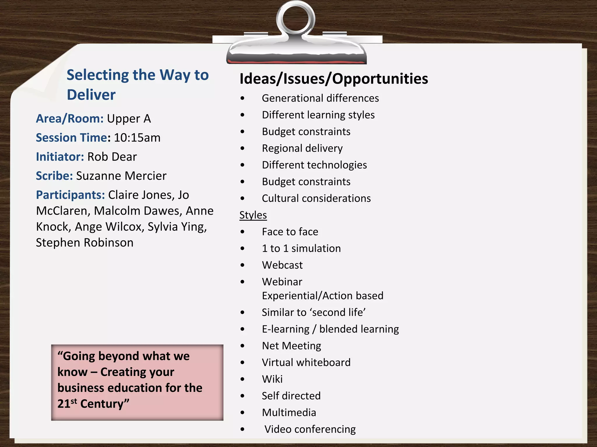 Selecting the Way to          Ideas/Issues/Opportunities
     Deliver                       • Generational differences
Area/Room: Upper A                 • Different learning styles
                                   • Budget constraints
Session Time: 10:15am
                                   • Regional delivery
Initiator: Rob Dear
                                   • Different technologies
Scribe: Suzanne Mercier            • Budget constraints
Participants: Claire Jones, Jo     • Cultural considerations
McClaren, Malcolm Dawes, Anne      Styles
Knock, Ange Wilcox, Sylvia Ying,   • Face to face
Stephen Robinson                   • 1 to 1 simulation
                                   • Webcast
                                   • Webinar
                                        Experiential/Action based
                                   • Similar to ‘second life’
                                   • E-learning / blended learning
                                   • Net Meeting
   “Going beyond what we           • Virtual whiteboard
   know – Creating your
                                   • Wiki
   business education for the
                                   • Self directed
   21st Century”
                                   • Multimedia
                                   •    Video conferencing
 