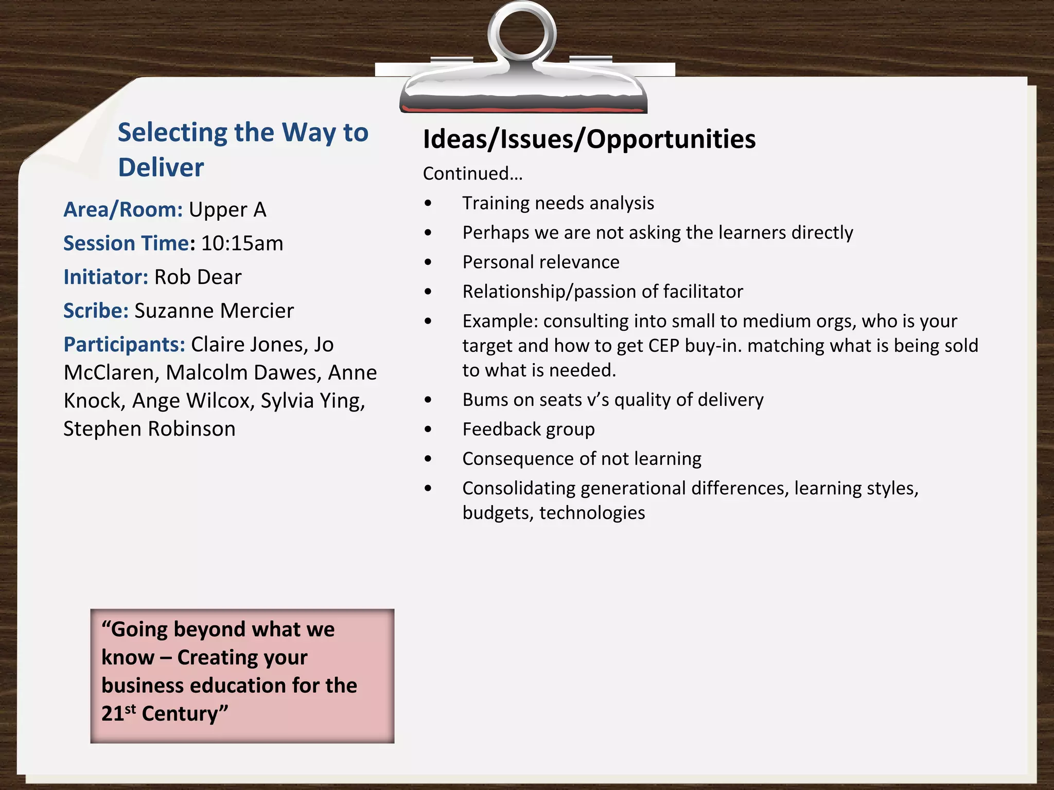 Selecting the Way to          Ideas/Issues/Opportunities
     Deliver                       Continued…
Area/Room: Upper A                 • Training needs analysis
                                   • Perhaps we are not asking the learners directly
Session Time: 10:15am
                                   • Personal relevance
Initiator: Rob Dear
                                   • Relationship/passion of facilitator
Scribe: Suzanne Mercier            • Example: consulting into small to medium orgs, who is your
Participants: Claire Jones, Jo         target and how to get CEP buy-in. matching what is being sold
McClaren, Malcolm Dawes, Anne          to what is needed.
Knock, Ange Wilcox, Sylvia Ying,   • Bums on seats v’s quality of delivery
Stephen Robinson                   • Feedback group
                                   • Consequence of not learning
                                   • Consolidating generational differences, learning styles,
                                       budgets, technologies




   “Going beyond what we
   know – Creating your
   business education for the
   21st Century”
 