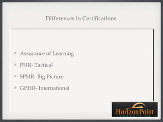 Differences in Certifications




Assurance of Learning

PHR- Tactical

SPHR- Big Picture

GPHR- International
 
