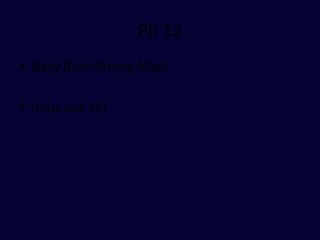Ph 12
• Navy Blue=Strong Alkali
• (miss out 11)