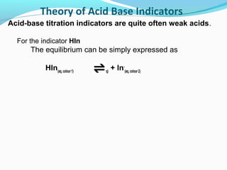 Theory of Acid Base Indicators
Acid-base titration indicators are quite often weak acids.
For the indicator HIn

The equilibrium can be simply expressed as
HIn(aq, colour 1)

H+(aq) + In-(aq, colour 2)

 