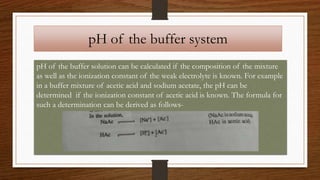 pH of the buffer system
pH of the buffer solution can be calculated if the composition of the mixture
as well as the ionization constant of the weak electrolyte is known. For example
in a buffer mixture of acetic acid and sodium acetate, the pH can be
determined if the ionization constant of acetic acid is known. The formula for
such a determination can be derived as follows-
 