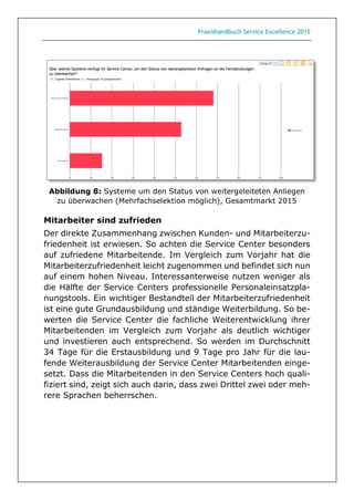 Praxishandbuch Service Excellence 2015
Abbildung 8: Systeme um den Status von weitergeleiteten Anliegen
zu überwachen (Mehrfachselektion möglich), Gesamtmarkt 2015
Mitarbeiter sind zufrieden
Der direkte Zusammenhang zwischen Kunden- und Mitarbeiterzu-
friedenheit ist erwiesen. So achten die Service Center besonders
auf zufriedene Mitarbeitende. Im Vergleich zum Vorjahr hat die
Mitarbeiterzufriedenheit leicht zugenommen und befindet sich nun
auf einem hohen Niveau. Interessanterweise nutzen weniger als
die Hälfte der Service Centers professionelle Personaleinsatzpla-
nungstools. Ein wichtiger Bestandteil der Mitarbeiterzufriedenheit
ist eine gute Grundausbildung und ständige Weiterbildung. So be-
werten die Service Center die fachliche Weiterentwicklung ihrer
Mitarbeitenden im Vergleich zum Vorjahr als deutlich wichtiger
und investieren auch entsprechend. So werden im Durchschnitt
34 Tage für die Erstausbildung und 9 Tage pro Jahr für die lau-
fende Weiterausbildung der Service Center Mitarbeitenden einge-
setzt. Dass die Mitarbeitenden in den Service Centers hoch quali-
fiziert sind, zeigt sich auch darin, dass zwei Drittel zwei oder meh-
rere Sprachen beherrschen.
 