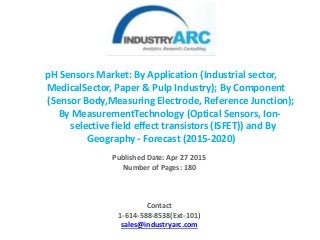 pH Sensors Market: By Application (Industrial sector,
MedicalSector, Paper & Pulp Industry); By Component
(Sensor Body,Measuring Electrode, Reference Junction);
By MeasurementTechnology (Optical Sensors, Ion-
selective field effect transistors (ISFET)) and By
Geography - Forecast (2015-2020)
Published Date: Apr 27 2015
Number of Pages: 180
Contact
1-614-588-8538(Ext-101)
sales@industryarc.com
 