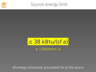 TM
                 Source energy limit




               ≤ 38 kBtu/(sf a)
                    ≤ 120kWh/(m2 a)




     all energy consumed; accounted for at the source
 