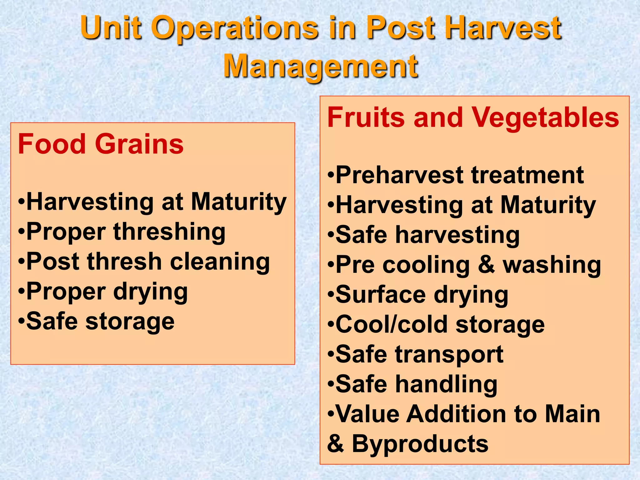 Unit Operations in Post Harvest 
Management 
Food Grains 
•Harvesting at Maturity 
•Proper threshing 
•Post thresh cleaning 
•Proper drying 
•Safe storage 
Fruits and Vegetables 
•Preharvest treatment 
•Harvesting at Maturity 
•Safe harvesting 
•Pre cooling & washing 
•Surface drying 
•Cool/cold storage 
•Safe transport 
•Safe handling 
•Value Addition to Main 
& Byproducts 
 