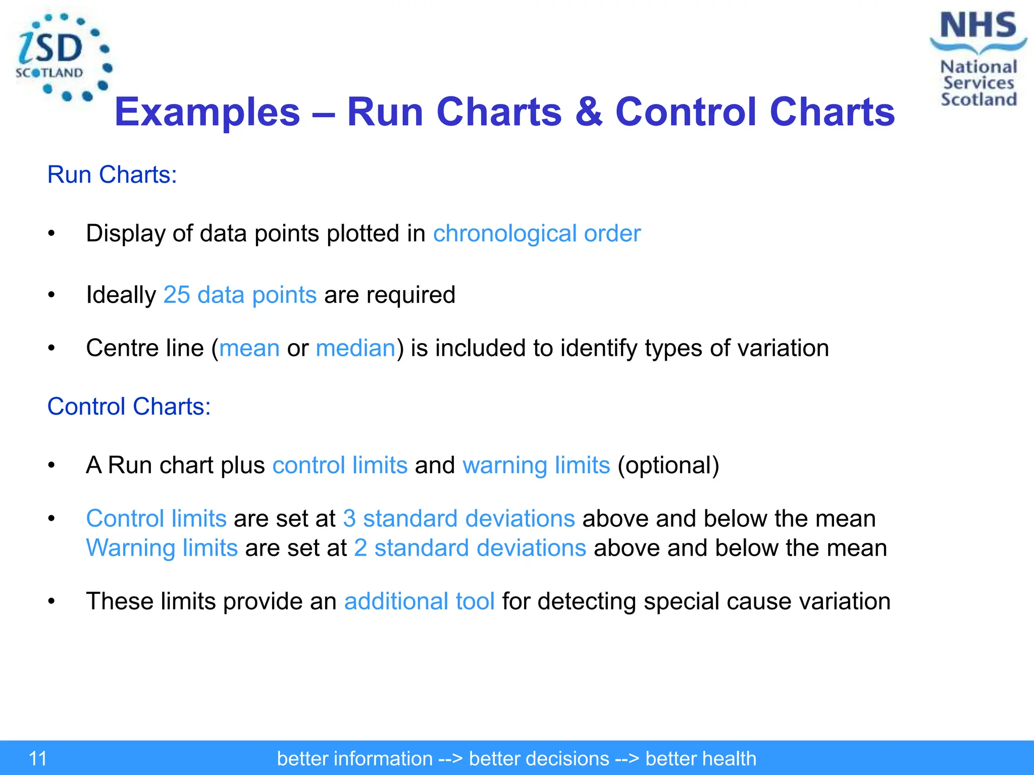 better information --> better decisions --> better health
11
Examples – Run Charts & Control Charts
Run Charts:
• Display of data points plotted in chronological order
• Ideally 25 data points are required
• Centre line (mean or median) is included to identify types of variation
Control Charts:
• A Run chart plus control limits and warning limits (optional)
• Control limits are set at 3 standard deviations above and below the mean
Warning limits are set at 2 standard deviations above and below the mean
• These limits provide an additional tool for detecting special cause variation
 