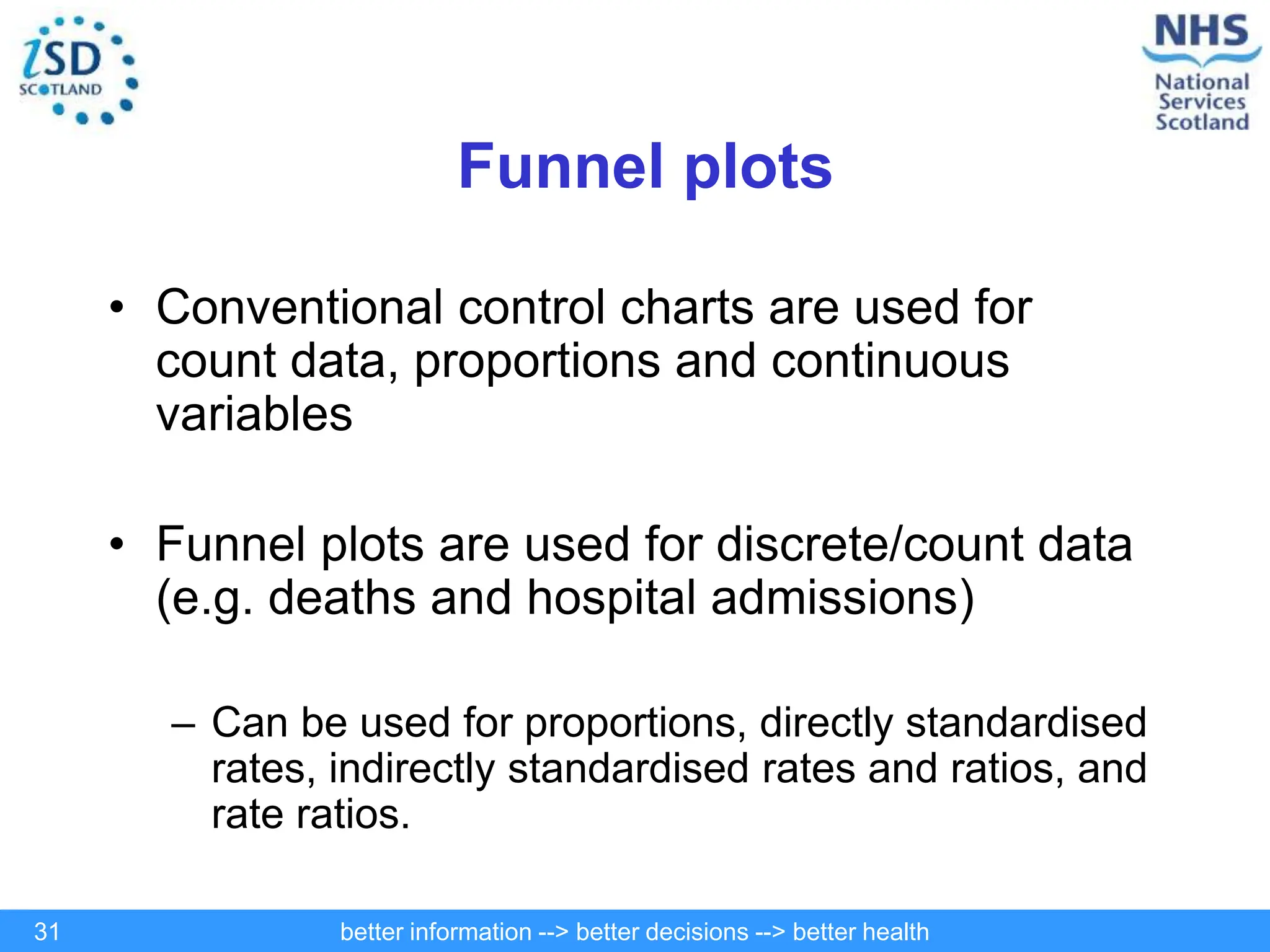 better information --> better decisions --> better health
31
Funnel plots
• Conventional control charts are used for
count data, proportions and continuous
variables
• Funnel plots are used for discrete/count data
(e.g. deaths and hospital admissions)
– Can be used for proportions, directly standardised
rates, indirectly standardised rates and ratios, and
rate ratios.
 