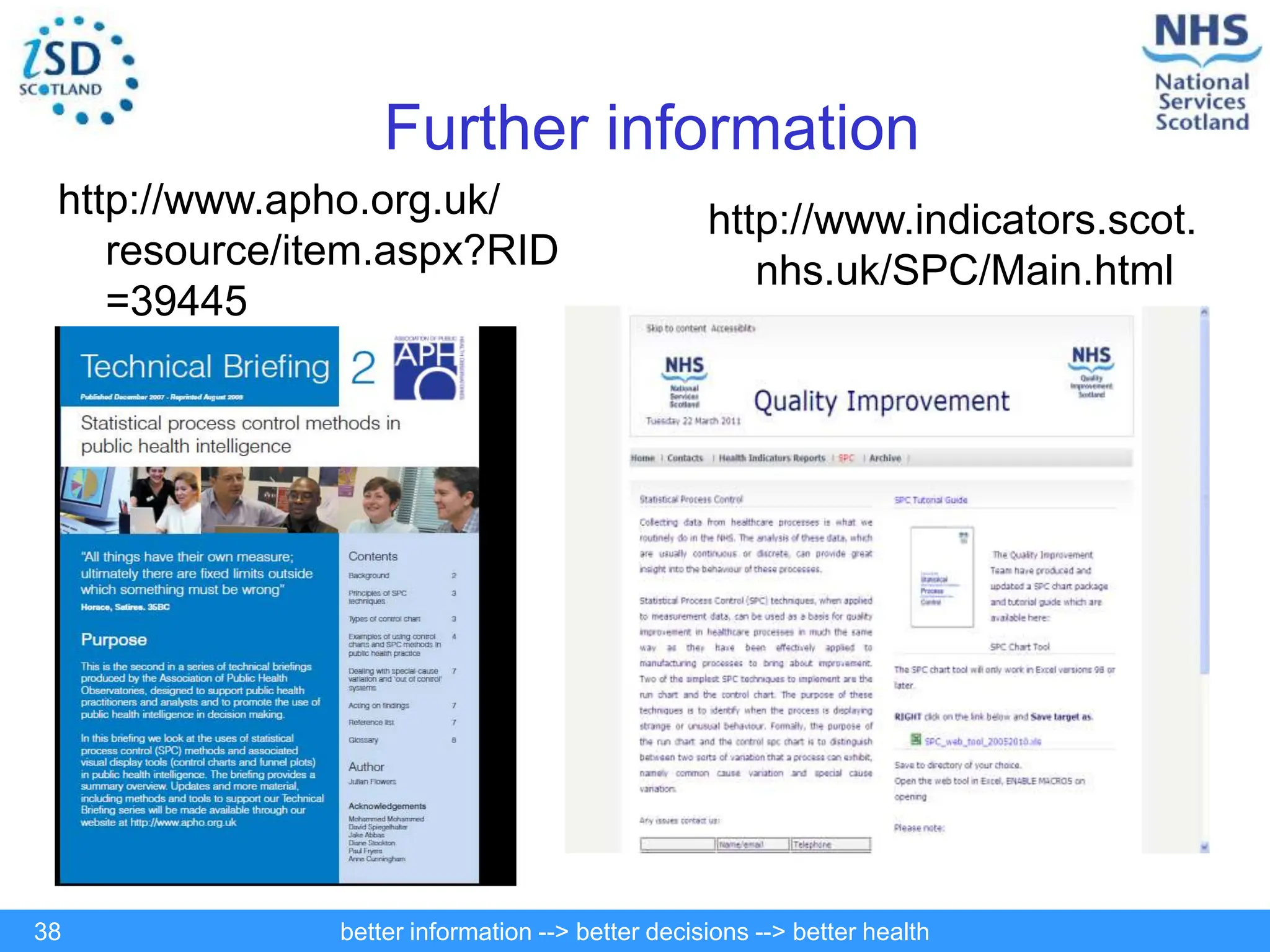 better information --> better decisions --> better health
38
Further information
http://www.indicators.scot.
nhs.uk/SPC/Main.html
http://www.apho.org.uk/
resource/item.aspx?RID
=39445
 