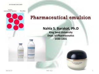 Pharmaceutical eemmuullssiioonn 
Nahla S. Barakat, Ph.D 
King Saud University 
Dept. of Pharmaceutics 
1430-1431 
09/19/14 PHT 312 1 
 