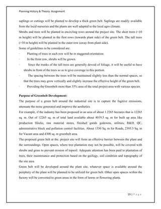 Planning History & Theory: Assignment
19 | P a g e
saplings or cuttings will be planted to develop a thick green belt. Saplings are readily available
from the local nurseries and the plants are well adapted to the local agro climate.
Shrubs and trees will be planted in encircling rows around the project site. The short trees (<10
m height) will be planted in the first rows (towards plant side) of the green belt. The tall trees
(>10 m height) will be planted in the outer row (away from plant side).
Some of guidelines to be considered are:
· Planting of trees in each row will be in staggered orientation.
· In the front row, shrubs will be grown.
· Since the trunks of the tall trees are generally devoid of foliage, it will be useful to have
shrubs in front of the trees so as to give coverage to this portion.
· The spacing between the trees will be maintained slightly less than the normal spaces, so
that the trees may grow vertically and slightly increase the effective height of the green belt.
· Providing the Greenbelt more than 33% area of the total project area with various species.
Purpose of Greenbelt Development:
The purpose of a green belt around the industrial site is to capture the fugitive emissions,
attenuate the noise generated and improve the aesthetics.
For example, if the industry has been proposed in an area of about 1.2265 hectares that is 12265
sq. m. Out of 12265 sq. m of total land available about 4019.5 sq. m for built up area like
production blocks, raw material stores, finished goods godowns, utilities, R&D, QC,
administrative block and pollution control facilities. About 1550 Sq. m for Roads, 2395.5 Sq. m
for Vacant area and 4300 sq. m greenbelt area.
The proposed green belt at the. project site will form an effective barrier between the plant and
the surroundings. Open spaces, where tree plantation may not be possible, will be covered with
shrubs and grass to prevent erosion of topsoil. Adequate attention has been paid to plantation of
trees, their maintenance and protection based on the geology, soil condition and topography of
the site area.
Green belt will be developed around the plant site, whatever space is available around the
periphery of the plant will be planned to be utilized for green belt. Other open spaces within the
factory will be converted to green areas in the form of lawns or flowering plants.
 