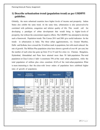 Planning History & Theory: Assignment
27 | P a g e
1) Describe urbanisation trend (population trend) as per URDPFI
guideline.
Globally, the more urbanised countries have higher levels of income and prosperity. Indian
States also exhibit the same trend. At the same time, urbanisation is also perceived to be
correlated with pollution, congestion and inferior quality of life. This would call for
developing a paradigm of urban development that would bring in higher levels of
prosperity, but without the concomitant negative effects. The URDPFI has attempted to develop
such a framework. Population trends: The Census 2011 and 2001 give useful indicators for the
trends in urbanisation in India. The three urban agglomerations, viz. Greater Mumbai,
Delhi and Kolkata, have crossed the 10 million mark in population, but with much reduced the
rate of growth. The Million Plus population cities have shown a growth of over 48 per cent, but
the number of such cities has gone up from 35 to 53 and five cities viz. Chennai, Bengaluru,
Hyderabad, Ahmedabad and Pune have attained more than 50 lakh population. The total
population in Class I cities (1 lakh +) constitutes 70% of the total urban population, while the
total population of million plus cities constitute 42.6% of the total urban population. What
is more interesting is that the cities with lower orders of population have exhibited higher
rates of growth of population.
-
 