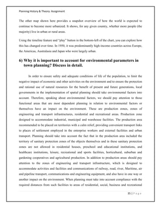 Planning History & Theory: Assignment
35 | P a g e
The other map shown here provides a snapshot overview of how the world is expected to
continue to become more urbanized. It shows, for any given country, whether more people (the
majority) live in urban or rural areas.
Using the timeline feature and “play” button in the bottom-left of the chart, you can explore how
this has changed over time. In 1950, it was predominantly high-income countries across Europe,
the Americas, Australasia and Japan who were largely urban.
6) Why it is important to account for environmental parameters in
town planning? Discuss in detail.
In order to ensure safety and adequate conditions of life of the population, to limit the
negative impact of economic and other activities on the environment and to ensure the protection
and rational use of natural resources for the benefit of present and future generations, local
governments in the implementation of spatial planning should take environmental factors into
account. Therefore, speaking about environmental factors, we should pay attention to those
functional areas that are most dependent planning in relation to environmental factors or
themselves have an impact on the environment. These are production zones, zones of
engineering and transport infrastructures, residential and recreational areas. Production zone
designed to accommodate industrial, municipal and warehouse facilities. The production area
recommended to be placed on territories with a calm relief, providing convenient transport links
to places of settlement employed in the enterprise workers and external facilities and urban
transport. Planning should take into account the fact that in the production area included the
territory of sanitary protection zones of the objects themselves and in these sanitary protection
zones are not allowed in residential houses, preschool and educational institutions, and
healthcare institutions, leisure, recreational and sports facilities, horticultural, suburban and
gardening cooperatives and agricultural production. In addition to production areas should pay
attention to the zones of engineering and transport infrastructure, which is designed to
accommodate activities and facilities and communications of railway, road, river, Maritime, air
and pipeline transport, communications and engineering equipment, and also have in one way or
another impact on the environment. When planning must take into account compliance with the
required distances from such facilities to areas of residential, social, business and recreational
 