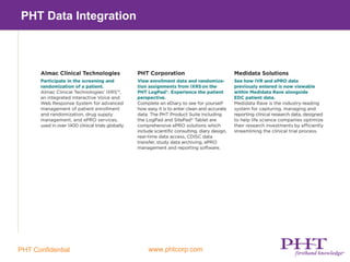 PHT Data Integration

                                     Almac Clinical Technologies’ IXRS™ is an integrated interactive
                                     Voice and Web Response System for advanced management of
   Patients are Screened and
                                     patient enrollment and randomization, drug supply management, and
    Randomized with Almac
                                     ePRO services, used in over 1400 clinical trials globally.


                                     The PHT Product Suite including the LogPad® and SitePad® Tablet
      Enrollment Data and
  Randomization Assignments          are comprehensive ePRO solutions which include scientific
  from Almac are on the PHT          consulting, diary design, real-time data access, CDISC data transfer,
         Mobile Device               study data archiving, ePRO management and reporting software.


 Patients Record ePRO at Home,
 or at the Site, on the PHT Mobile   Medidata Rave® is the industry-leading system for capturing,
              Device                 managing and reporting clinical research data, designed to help life
                                     science companies optimize their research investments by efficiently
                                     streamlining the clinical trial process.
   View IVR and ePRO Data
     Within Medidata Rave
  Alongside EDC Patient Data




PHT Confidential                            www.phtcorp.com
 