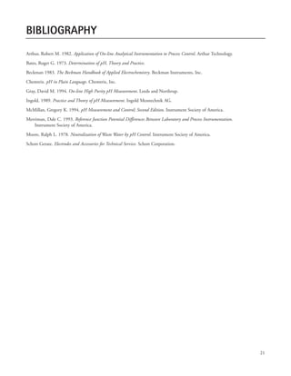 21
Arthur, Robert M. 1982. Application of On-line Analytical Instrumentation to Process Control. Arthur Technology.
Bates, Roger G. 1973. Determination of pH, Theory and Practice.
Beckman 1983. The Beckman Handbook of Applied Electrochemistry. Beckman Instruments, Inc.
Chemtrix. pH in Plain Language. Chemtrix, Inc.
Gray, David M. 1994. On-line High Purity pH Measurement. Leeds and Northrup.
Ingold, 1989. Practice and Theory of pH Measurement. Ingold Messtechnik AG.
McMillan, Gregory K. 1994. pH Measurement and Control; Second Edition. Instrument Society of America.
Merriman, Dale C. 1993. Reference Junction Potential Differences Between Laboratory and Process Instrumentation.
Instrument Society of America.
Moore, Ralph L. 1978. Neutralization of Waste Water by pH Control. Instrument Society of America.
Schott Gerate. Electrodes and Accessories for Technical Service. Schott Corporation.
BIBLIOGRAPHY
 